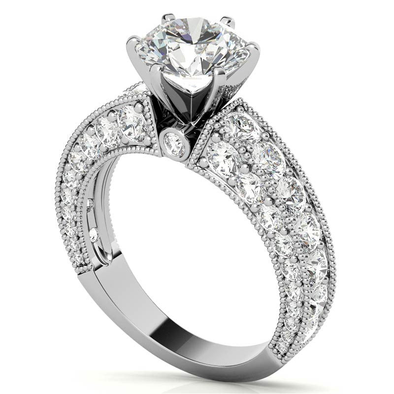 Round Brilliant Moissanite Antique Engagement Ring Setting, 2.6ct