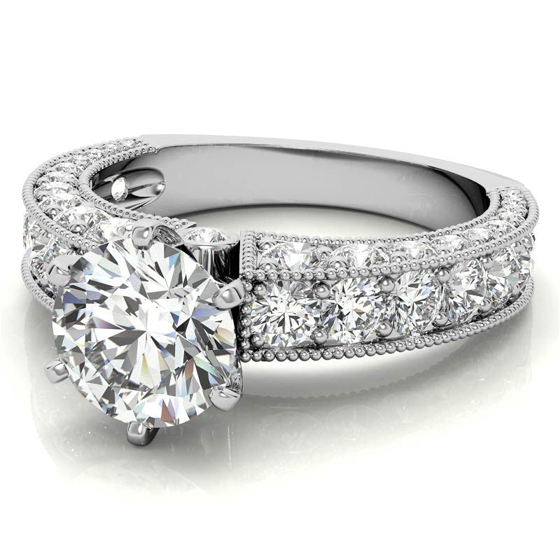 Round Brilliant Moissanite Antique Engagement Ring Setting, 2.6ct