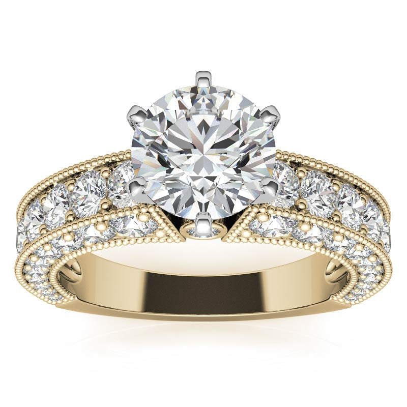 Round Brilliant Moissanite Antique Engagement Ring Setting, 2.6ct