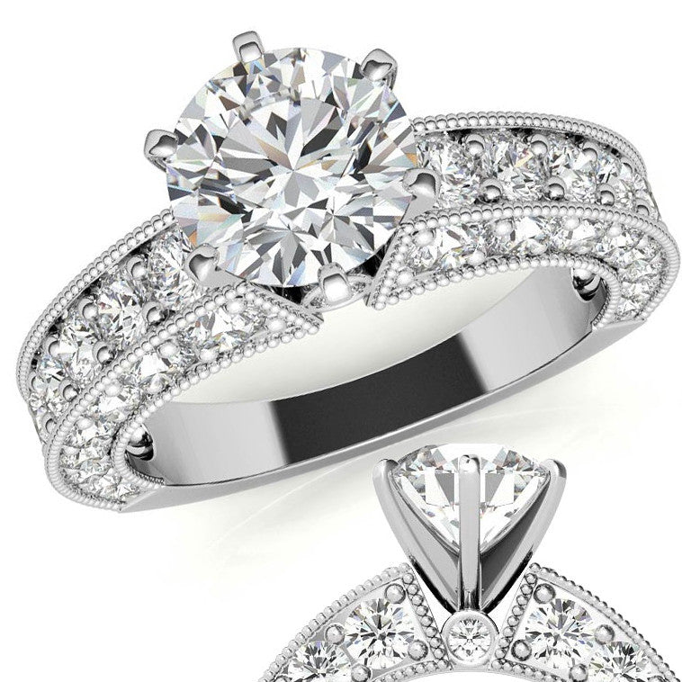 Round Brilliant Moissanite Antique Engagement Ring Setting, 1.7ct