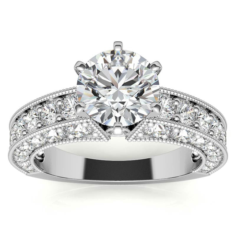 Round Brilliant Moissanite Antique Engagement Ring Setting, 1.7ct