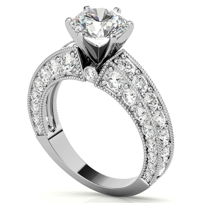 Round Brilliant Moissanite Antique Engagement Ring Setting, 1.7ct