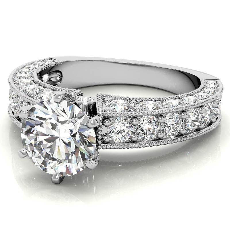 Round Brilliant Moissanite Antique Engagement Ring Setting, 1.7ct