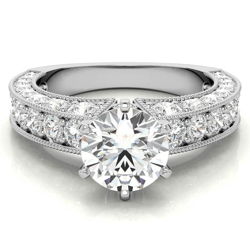 Round Brilliant Moissanite Antique Engagement Ring Setting, 1.7ct