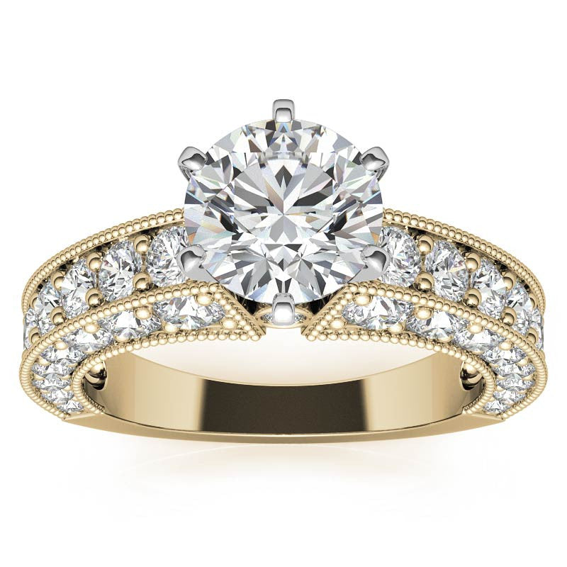 Round Brilliant Moissanite Antique Engagement Ring Setting, 1.7ct