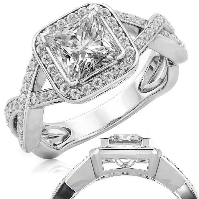 Designer Inspired Princess Halo Moissanite Engagement Ring