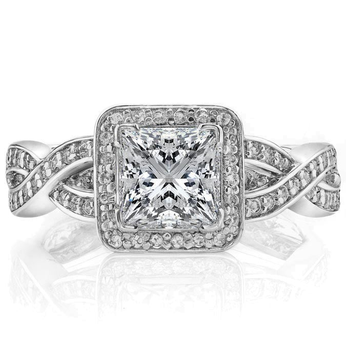 Designer Inspired Princess Halo Moissanite Engagement Ring