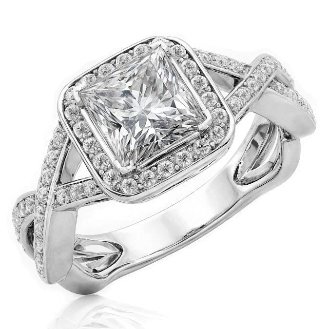 Designer Inspired Princess Halo Moissanite Engagement Ring