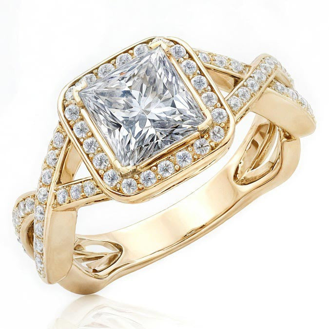 Designer Inspired Princess Halo Moissanite Engagement Ring