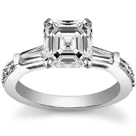 Baguette / Round Brilliant Moissanite Engagement Ring with Milgrain Accents