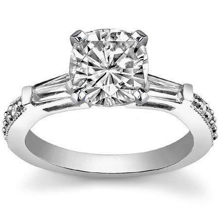 Baguette / Round Brilliant Moissanite Engagement Ring with Milgrain Accents