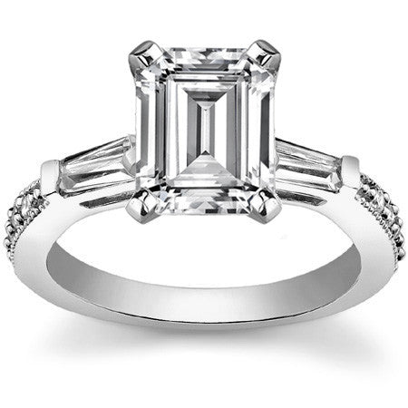 Baguette / Round Brilliant Moissanite Engagement Ring with Milgrain Accents