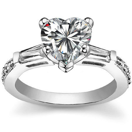 Baguette / Round Brilliant Moissanite Engagement Ring with Milgrain Accents