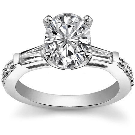 Baguette / Round Brilliant Moissanite Engagement Ring with Milgrain Accents