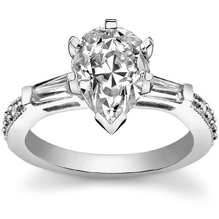 Baguette / Round Brilliant Moissanite Engagement Ring with Milgrain Accents