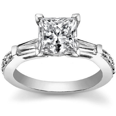 Baguette / Round Brilliant Moissanite Engagement Ring with Milgrain Accents
