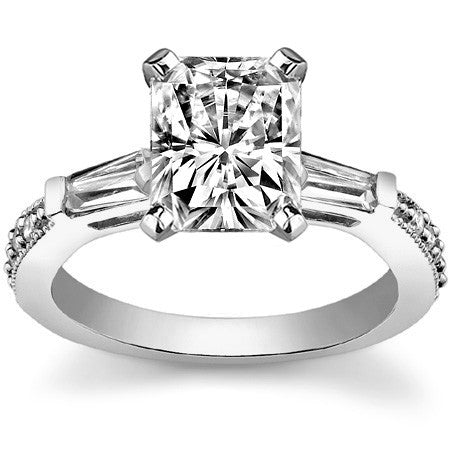 Baguette / Round Brilliant Moissanite Engagement Ring with Milgrain Accents