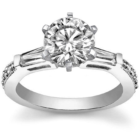 Baguette / Round Brilliant Moissanite Engagement Ring with Milgrain Accents