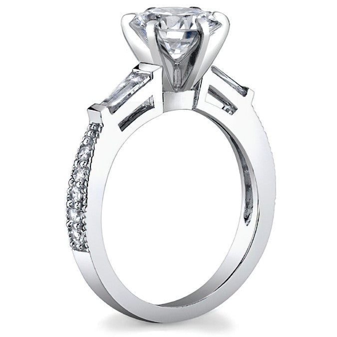 Baguette / Round Brilliant Moissanite Engagement Ring with Milgrain Accents