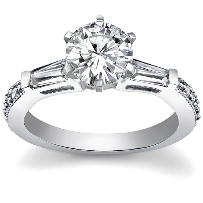 Baguette / Round Brilliant Moissanite Engagement Ring with Milgrain Accents