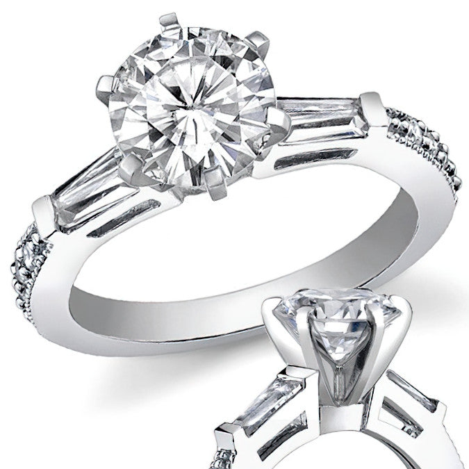 Baguette / Round Brilliant Moissanite Engagement Ring with Milgrain Accents