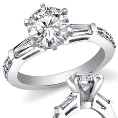 Baguette / Round Brilliant Moissanite Engagement Ring with Milgrain Accents