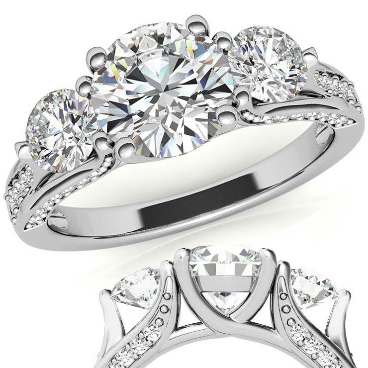 Unique Three-Stone Trellis Moissanite Engagement