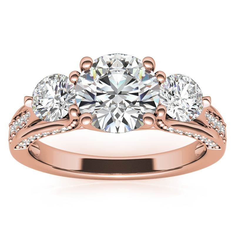 Unique Three-Stone Trellis Moissanite Engagement