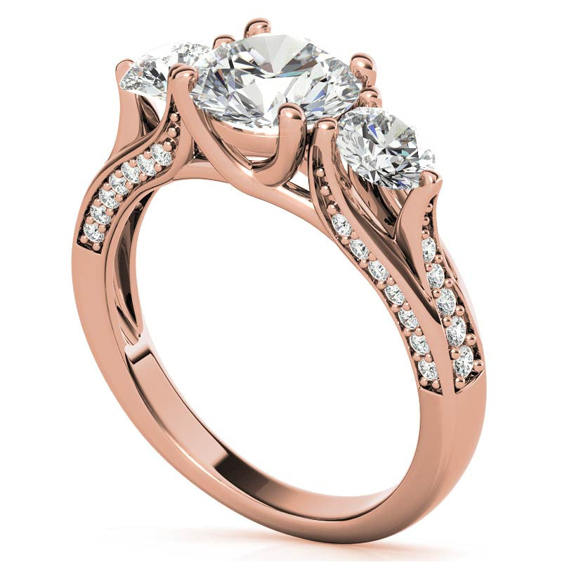Unique Three-Stone Trellis Moissanite Engagement