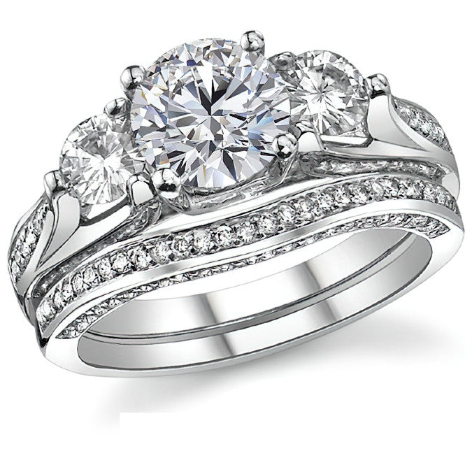 Unique Three-Stone Trellis Moissanite Engagement