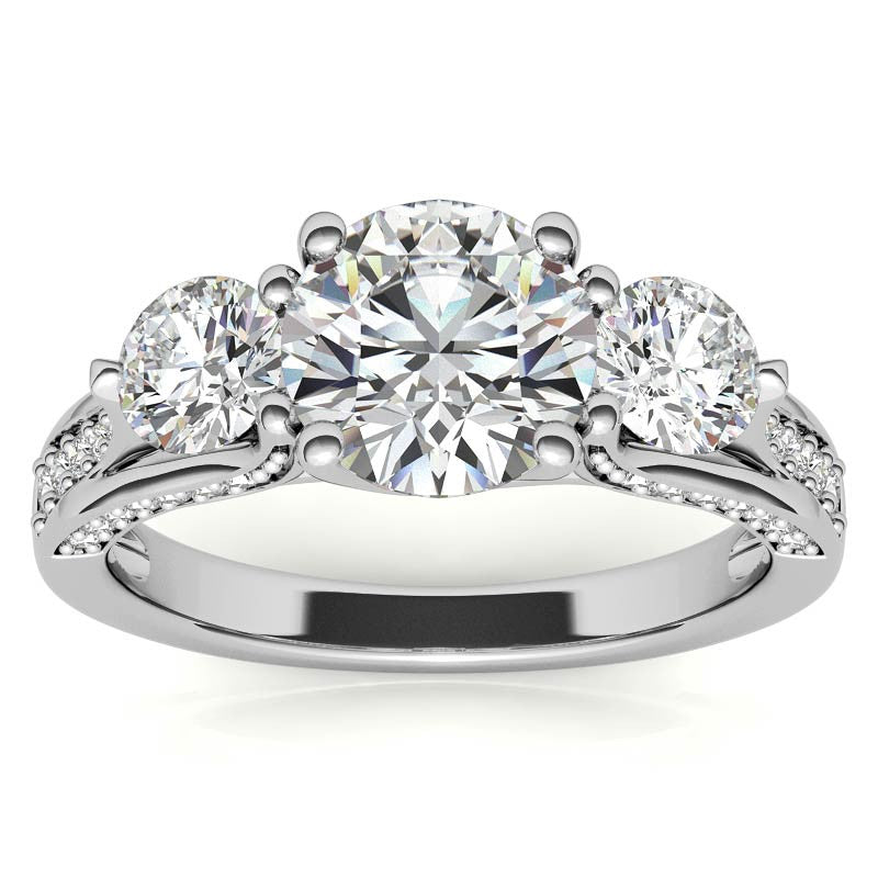 Unique Three-Stone Trellis Moissanite Engagement