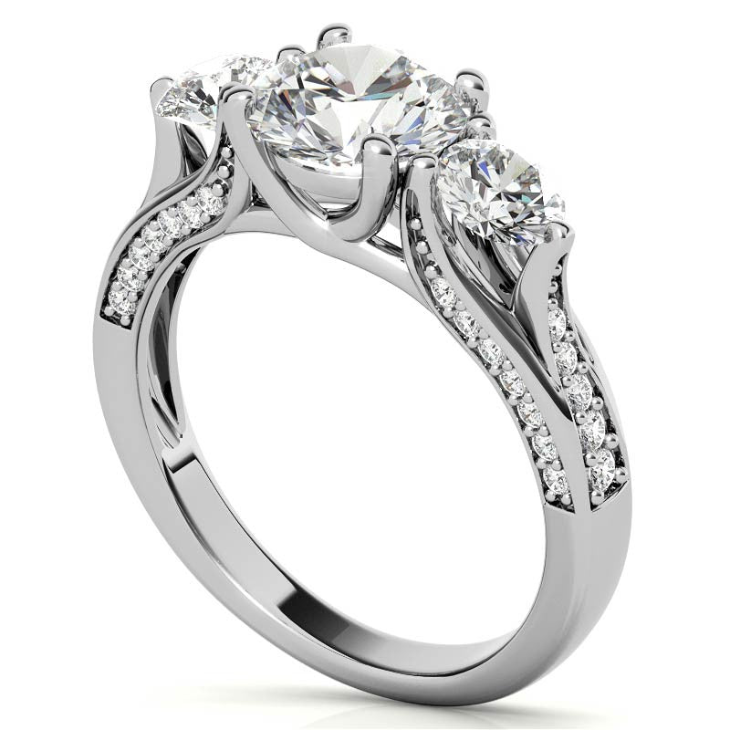 Unique Three-Stone Trellis Moissanite Engagement