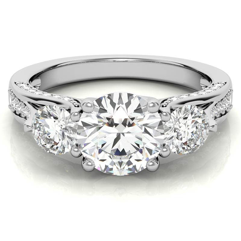 Unique Three-Stone Trellis Moissanite Engagement
