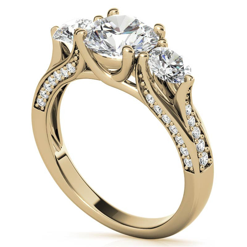 Unique Three-Stone Trellis Moissanite Engagement