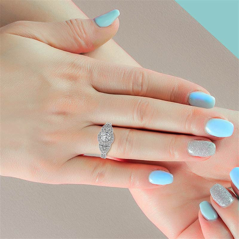 Round & Triangle Three-Stone Halo Moissanite Engagement Ring