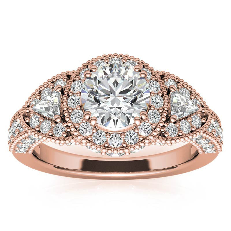 Round & Triangle Three-Stone Halo Moissanite Engagement Ring