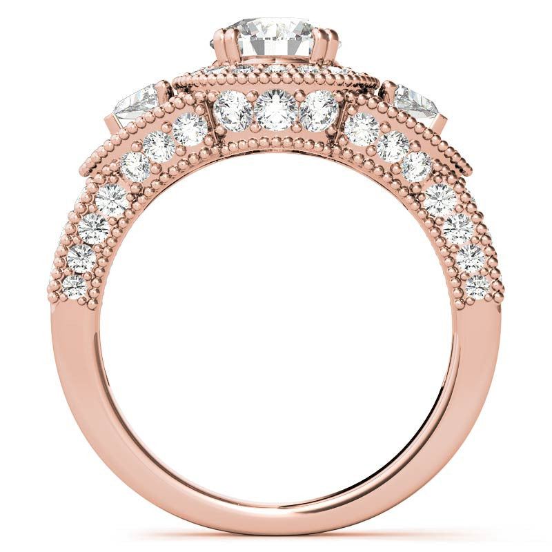 Round & Triangle Three-Stone Halo Moissanite Engagement Ring