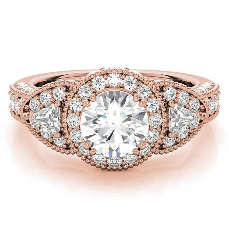 Round & Triangle Three-Stone Halo Moissanite Engagement Ring