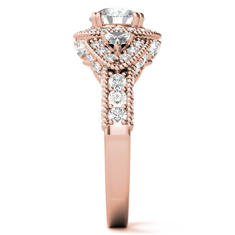 Round & Triangle Three-Stone Halo Moissanite Engagement Ring