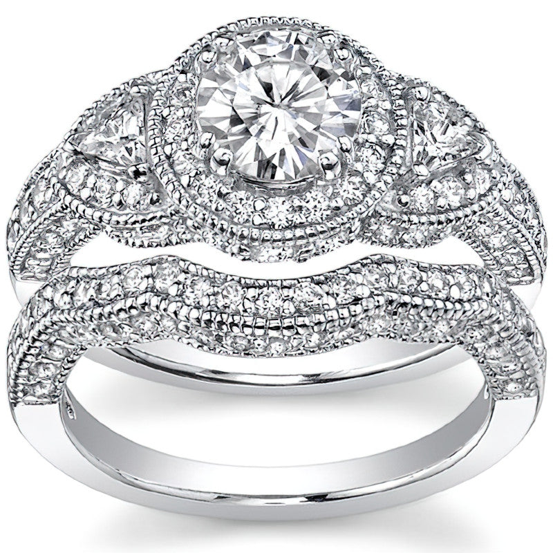 Round & Triangle Three-Stone Halo Moissanite Engagement Ring