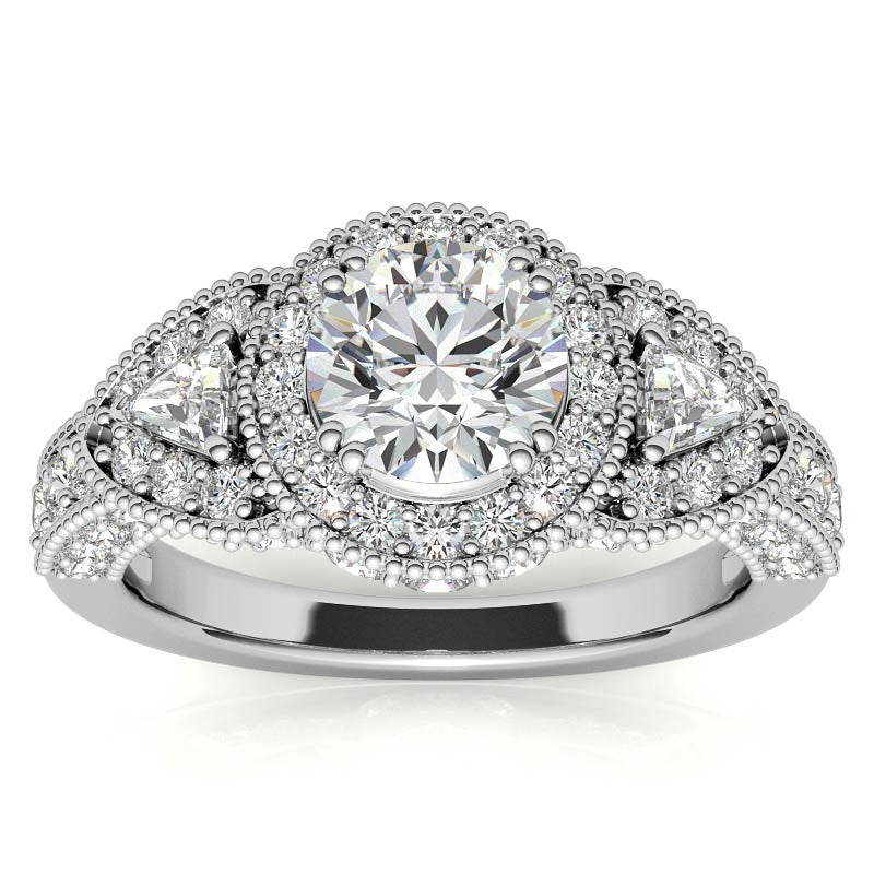 Round & Triangle Three-Stone Halo Moissanite Engagement Ring