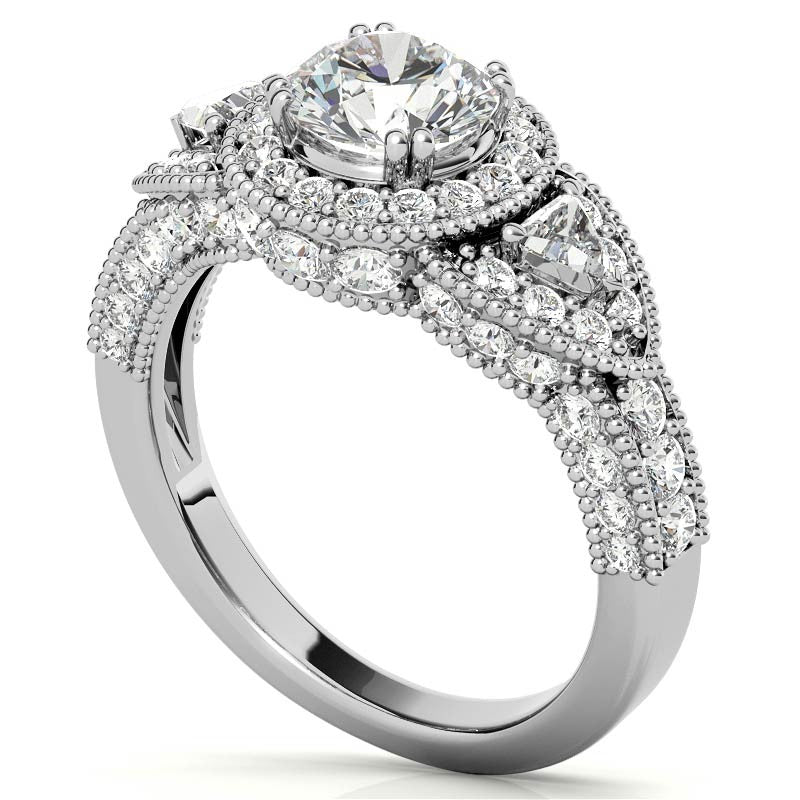 Round & Triangle Three-Stone Halo Moissanite Engagement Ring