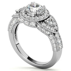 Round & Triangle Three-Stone Halo Moissanite Engagement Ring
