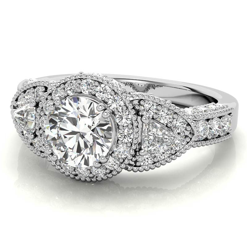Round & Triangle Three-Stone Halo Moissanite Engagement Ring