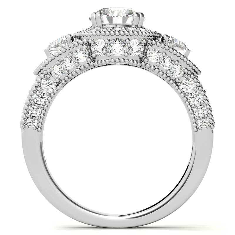 Round & Triangle Three-Stone Halo Moissanite Engagement Ring