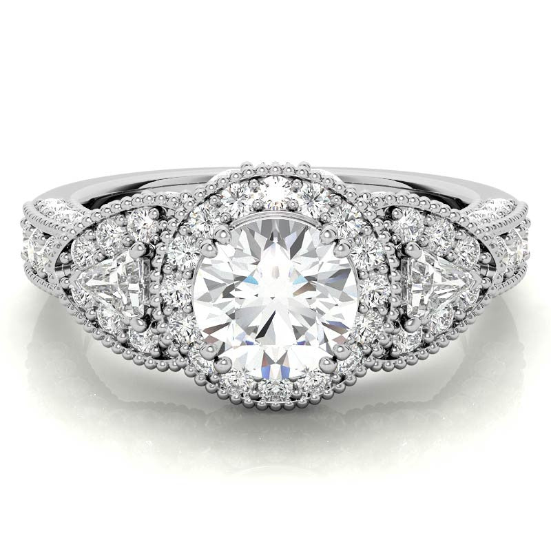 Round & Triangle Three-Stone Halo Moissanite Engagement Ring