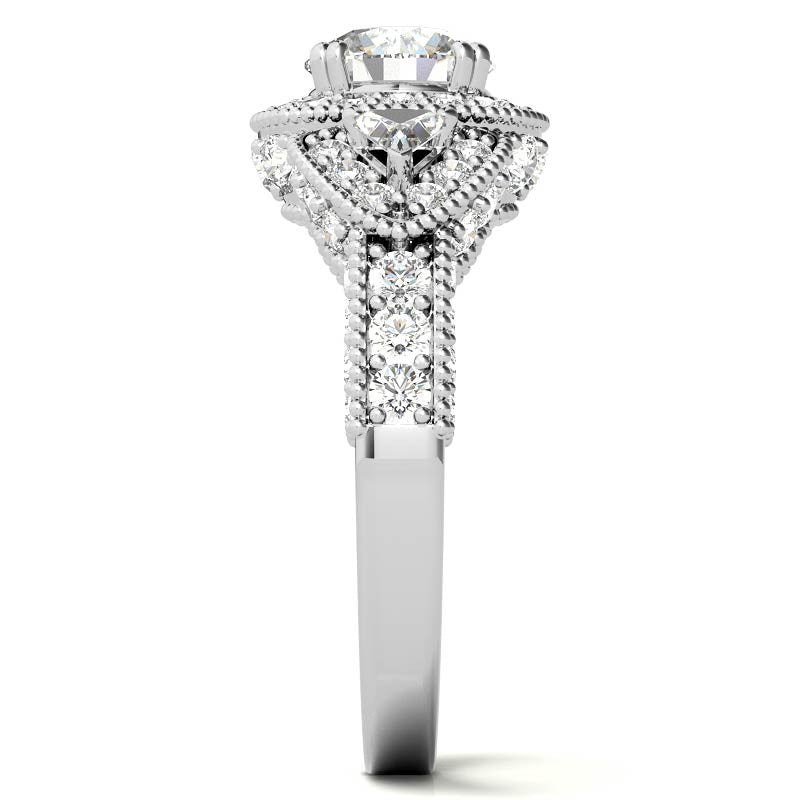 Round & Triangle Three-Stone Halo Moissanite Engagement Ring