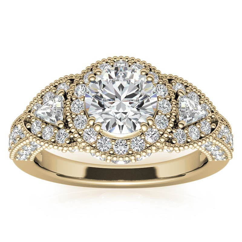 Round & Triangle Three-Stone Halo Moissanite Engagement Ring