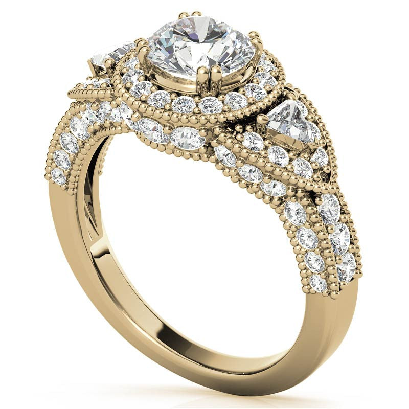 Round & Triangle Three-Stone Halo Moissanite Engagement Ring