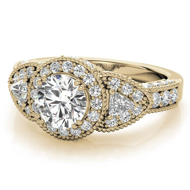 Round & Triangle Three-Stone Halo Moissanite Engagement Ring